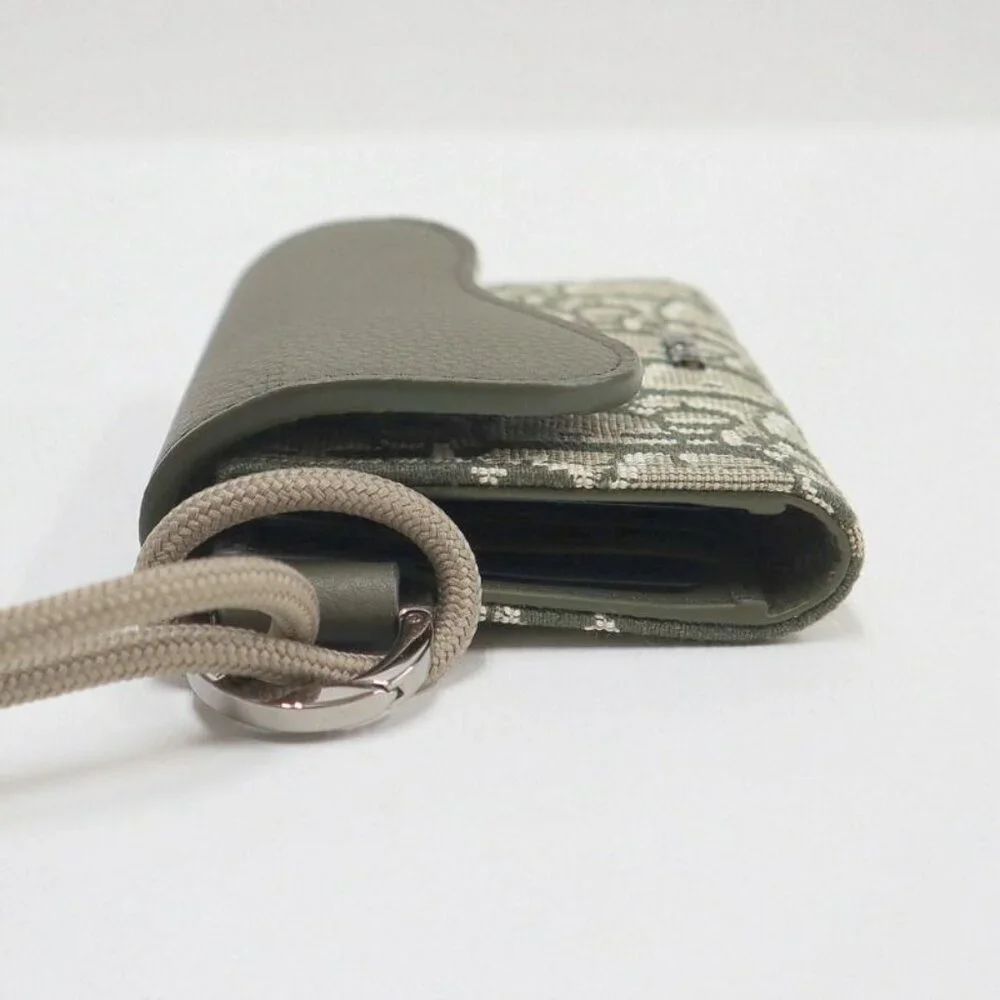 Dior Saddle Flap Card Case Bifold Wallet Canvas Leather Multi Green :multi X